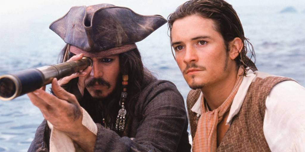 Johnny Depp og Orlando Bloom i Pirates of the Caribbean- The Curse og the Black Pearl