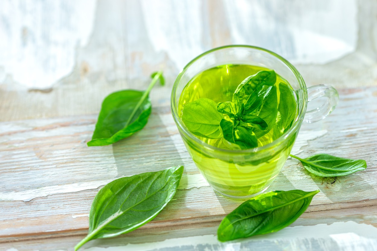 Tea cup with basil leaves