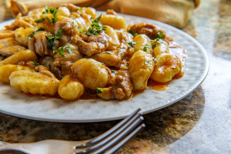 Hungarian,Chicken,Paprikash,With,Gnocchi,Potato,Dumplings,And,Basil