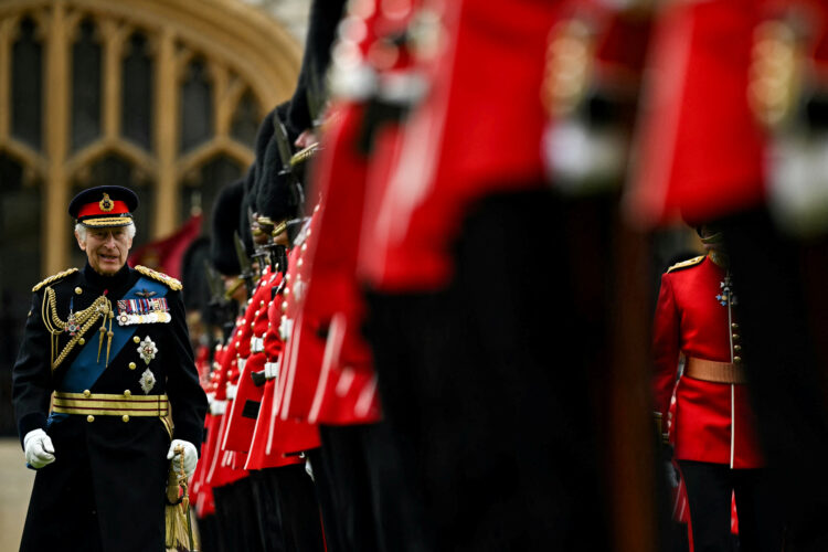 Ceremony where Britain's King Charles III presents New Colours to No 9 and No 12 Company The Irish Guards at Windsor Castle