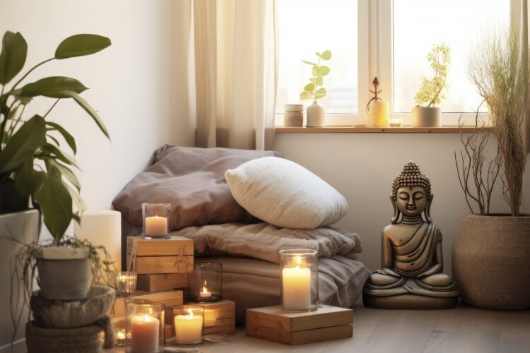 Living Room With Buddha Statue and Candles