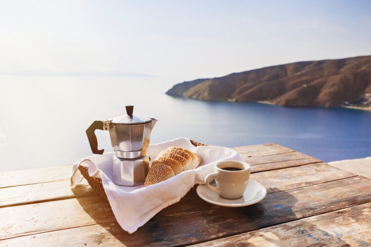 Mediterranean,Breakfast,,Cup,Of,Coffee,And,Fresh,Bread,On,A