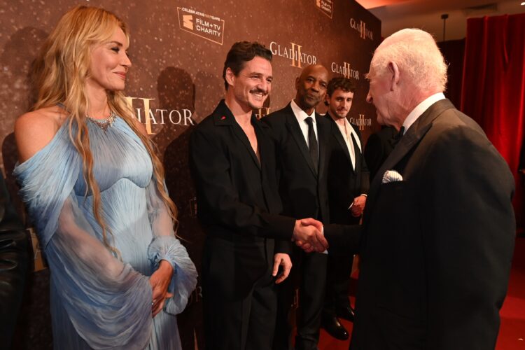 King Charles III meets the cast at the Royal Film Performance and Global Premiere of "Gladiator II" in Leicester Square on November 13, 2024 in London, England