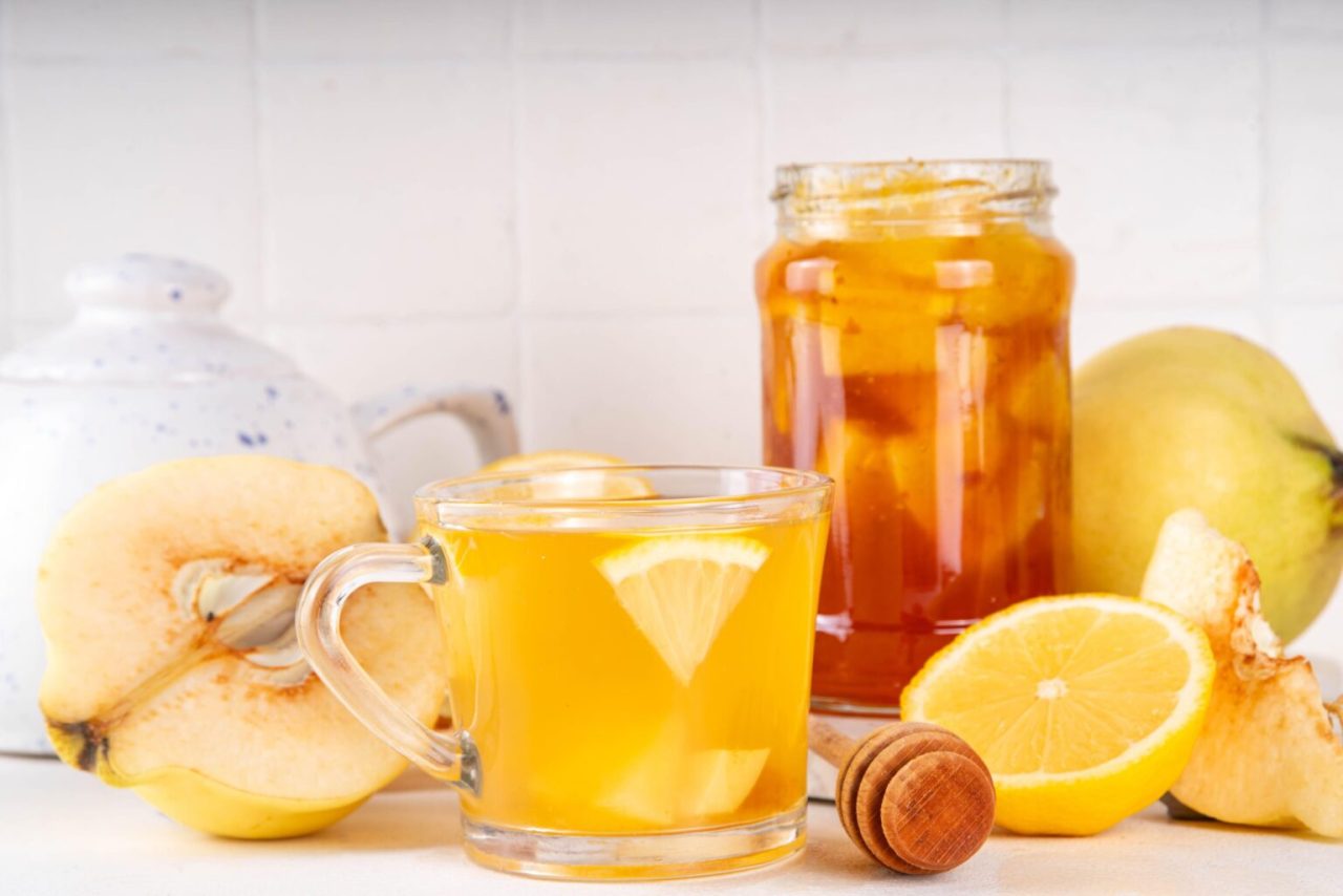 Korean traditional Quince Tea, MoGua hot autumn tea drink with apple quince, lemon and honey